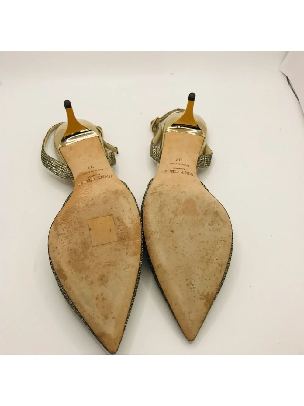Jimmy Choo Gold Glitter Pointed Slingback Kitten Heels - Picture 8 of 9